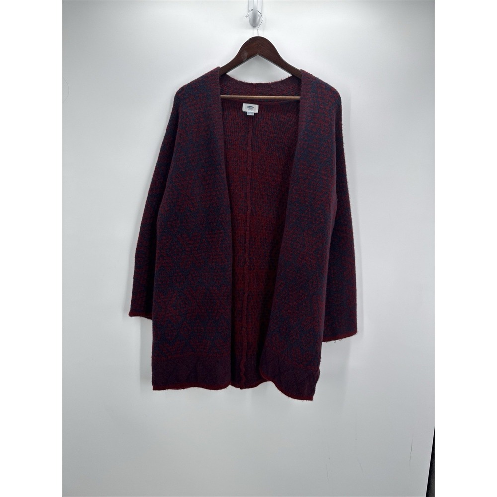 Old Navy Cardigan Womens M Burgundy Navy Geometric Boho Cozy Longline Sweater
